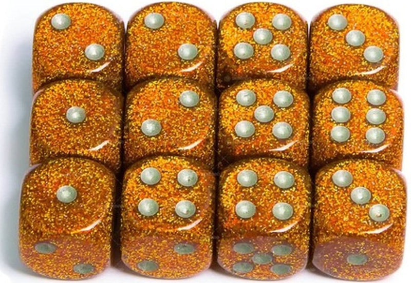 12 D6 Glitter 16mm Dice Gold w/Silver - CHX27703 - Abyss Game Store