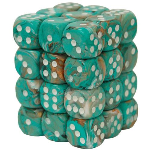 36 D6 Marble 12mm Dice Oxi-Copper with White - CHX27803